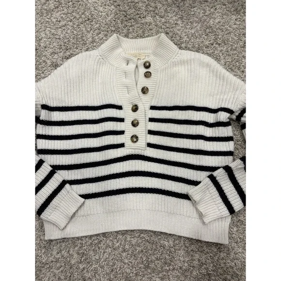 Sezane Ivory and Black Striped Button Henley Sweater - Picture 3 of 16